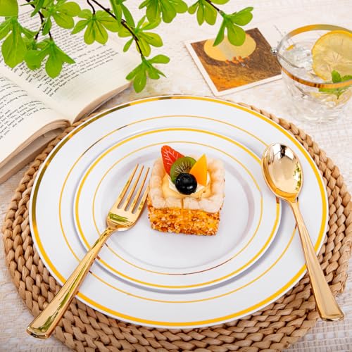 bUCLA 300PCS Gold Disposable Dinnerware Set - White and Gold Plastic Plates for Party S185