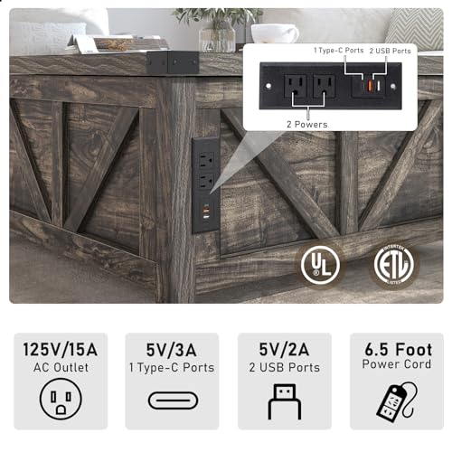 Farmhouse Lift Top Coffee Table with Storage and Charging Station, Brown J61149