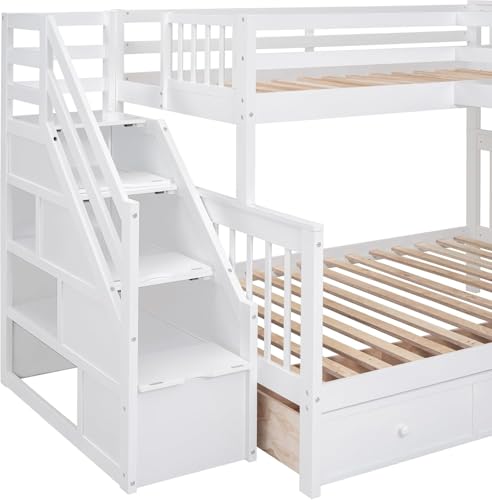 MERITLINE Twin Over Full Triple Bunk Bed with Storage Stairs, Solid Wood, Grey R998