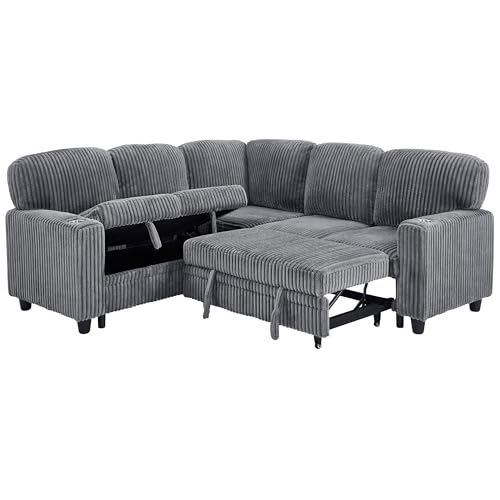 L-Shaped Pull Out Sleep Sofabed with Storage Chaise, Chenille Upholstered X30892