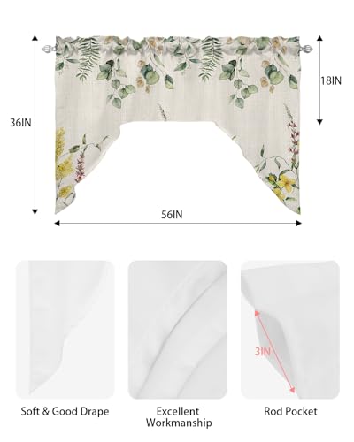 3 Piece Swag Window Curtains Set with Floral Cafe Valance and Tiers N20036