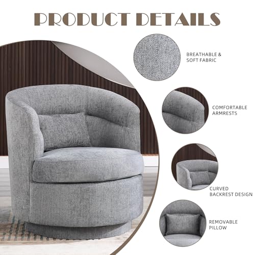 CANMOV Swivel Accent Chair 360 Degree Round Barrel Chair with Pillow, Grey I257