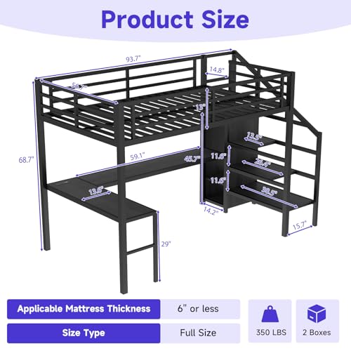 Full Size Metal Loft Bed with L Shaped Desk, Storage Stairs & Charging Station O106322