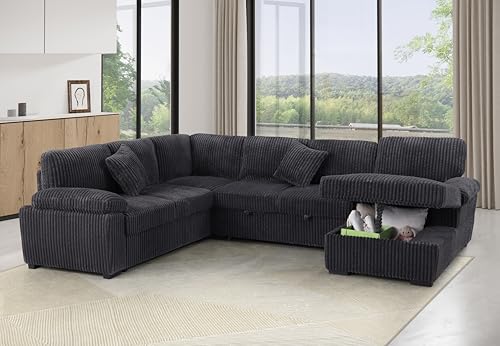 L-Shaped Pull Out Sleep Sofabed with Storage Chaise, Chenille Upholstered X30892