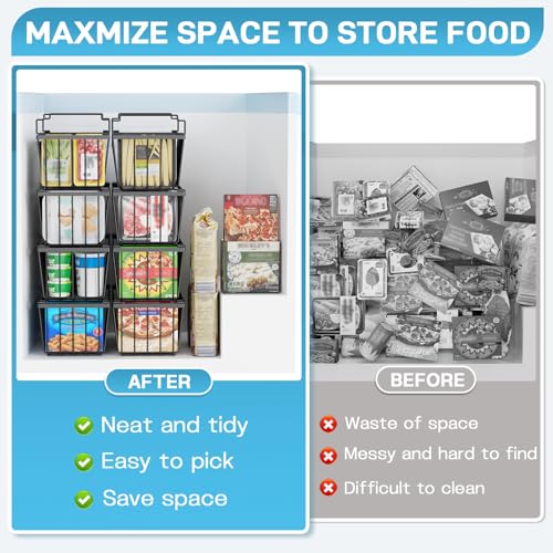 Freezer Organizer Bins, 4 Pack Stackable Storage Baskets with Handles, Black N723