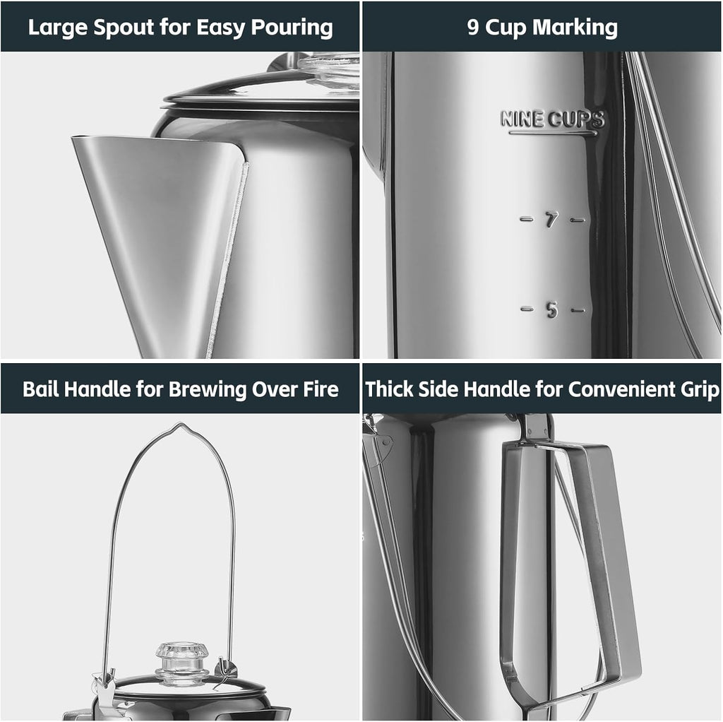 Stainless Steel 9 Cup Percolator Coffee Pot for Camping F8306