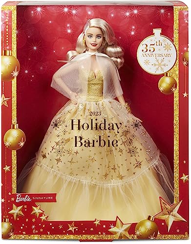 Barbie Signature 2023 Holiday Doll, Black Hair Wearing Golden Gown, Collectible with Doll Stand & Certificate of Authenticity