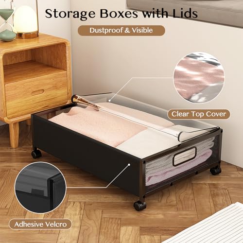Under Bed Storage with Wheels, 2 Pack Underbed Containers with Lid & Clear Window P283