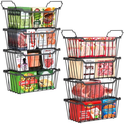 Freezer Organizer Bins, 4 Pack Stackable Storage Baskets with Handles, Black N723