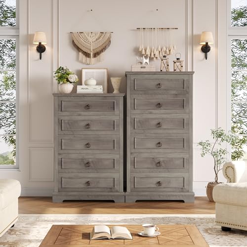 HOSTACK 6 Drawer Dresser for Bedroom, Tall Modern Farmhouse Chest, Dark Brown H747285
