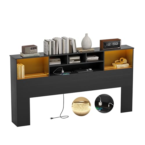 King Size Bed Headboard with LED Light and Storage Bookcase H72493