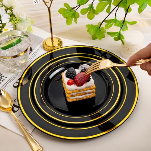 bUCLA 300PCS Gold Disposable Dinnerware Set - White and Gold Plastic Plates for Party S185