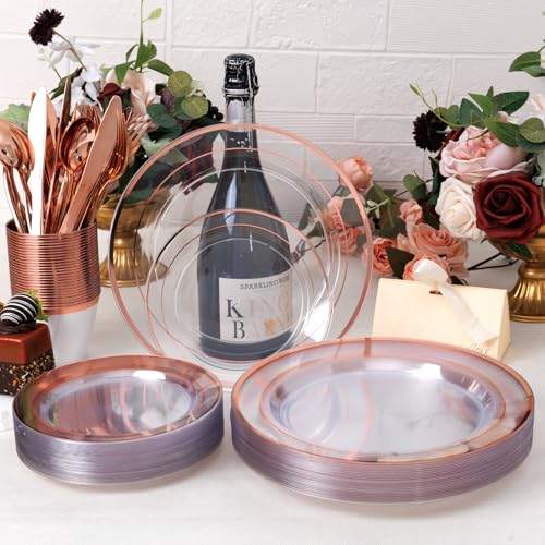 bUCLA 300PCS Gold Disposable Dinnerware Set - White and Gold Plastic Plates for Party S185