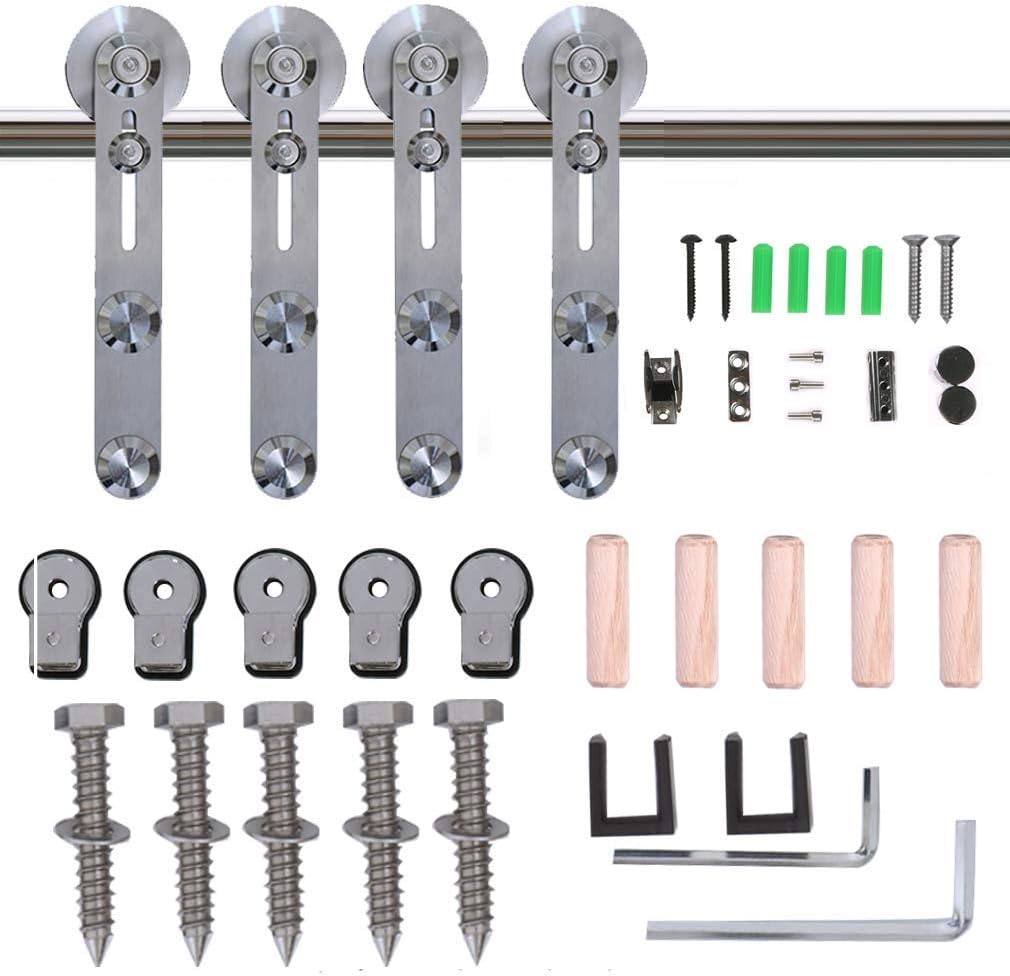 14FT Stainless Steel Sliding Double Barn Door Hardware Track Kit Heavy Duty Simple Install(Round Shape Hanger)