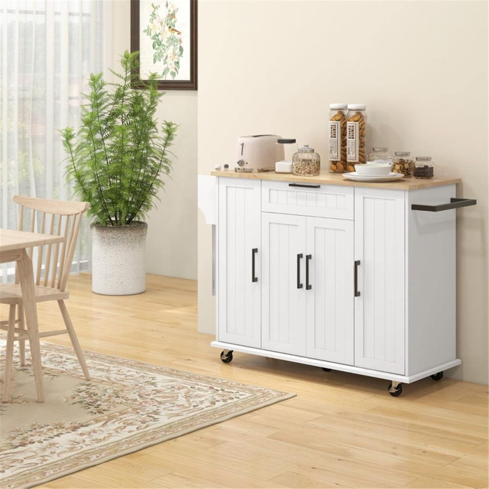 Rolling Kitchen Island on Wheels with Solid Wood Drop Leaf, White K9078