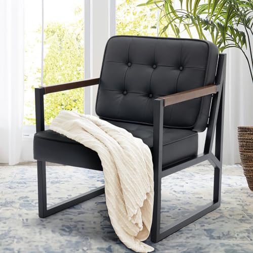 COLAMY Mid Century Modern Accent Chair Set of 2, Comfy Living Room Chair, Black Leather Accent Chair, Faux Leather Reception Armchair with Metal Legs for Living Room Bedroom Reception Office, Black