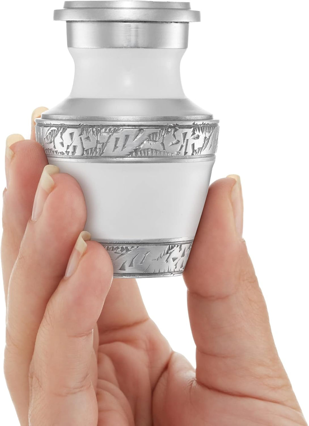 Reminded Small Cremation Memorial Urn for Human Ashes, White and Silver with Velvet Case E534