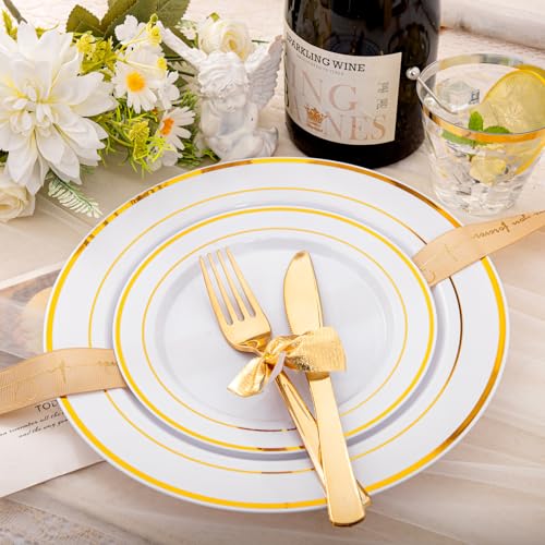 bUCLA 300PCS Gold Disposable Dinnerware Set - White and Gold Plastic Plates for Party S185