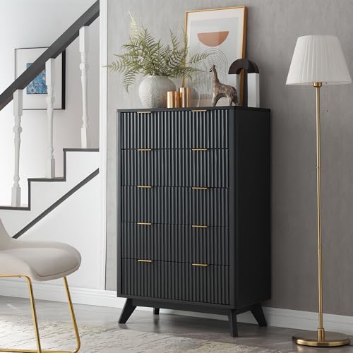 T4TREAM 5 Drawer Dresser with Faux Marble Top, Dark Grey T583