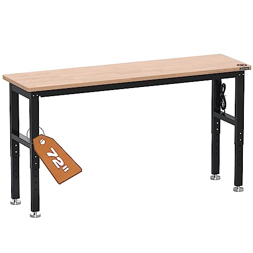 WORKPRO 48" Adjustable Workbench, Rubber Wood Top Heavy-Duty Workstation, 2000 LBS Load Capacity Hardwood Worktable with Power Outlets, for Workshop, Garage, Office, Home