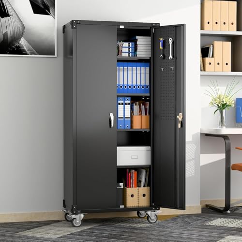Aobabo 73''H Metal Garage Storage Cabinet with Wheels, Black S572804
