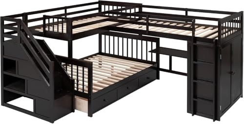 MERITLINE Twin Over Full Triple Bunk Bed with Storage Stairs, Solid Wood, Grey R998