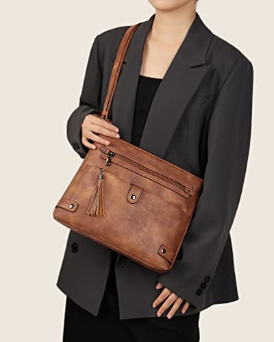 FADEON Large Crossbody Purses for Women Leather Multi Pocket Shoulder Bag W539945