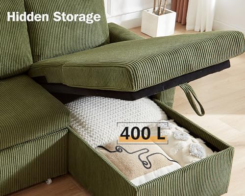 81" L Shaped Sleeper Sofa Bed with Pull Out Bed, Corduroy Green V7995