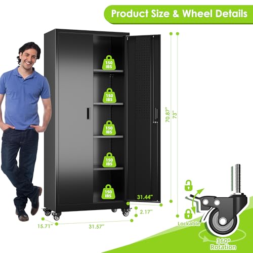Aobabo 73''H Metal Garage Storage Cabinet with Wheels, Black S572804
