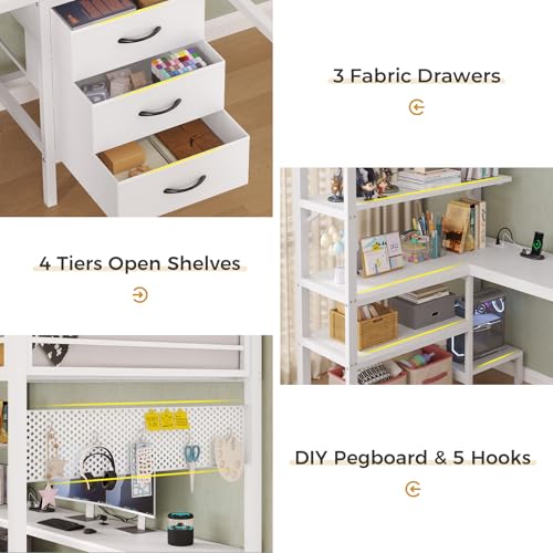 ADORNEVE Twin Size Metal Loft Bed with L-Shaped Desk, LED Lights, Charging Station S614727