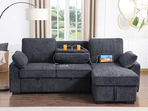 L-Shaped Pull Out Sleep Sofabed with Storage Chaise, Chenille Upholstered X30892