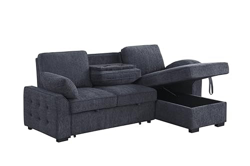 L-Shaped Pull Out Sleep Sofabed with Storage Chaise, Chenille Upholstered X30892