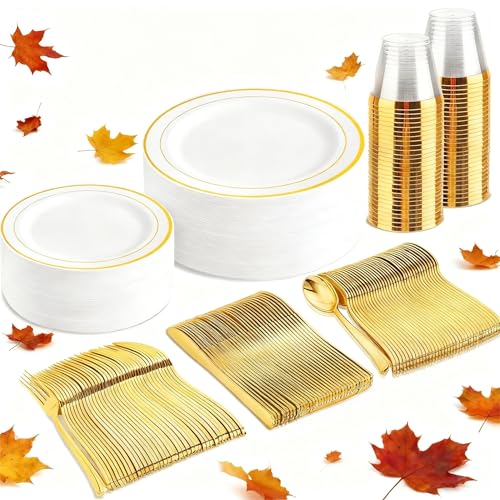 bUCLA 300PCS Gold Disposable Dinnerware Set - White and Gold Plastic Plates for Party S185