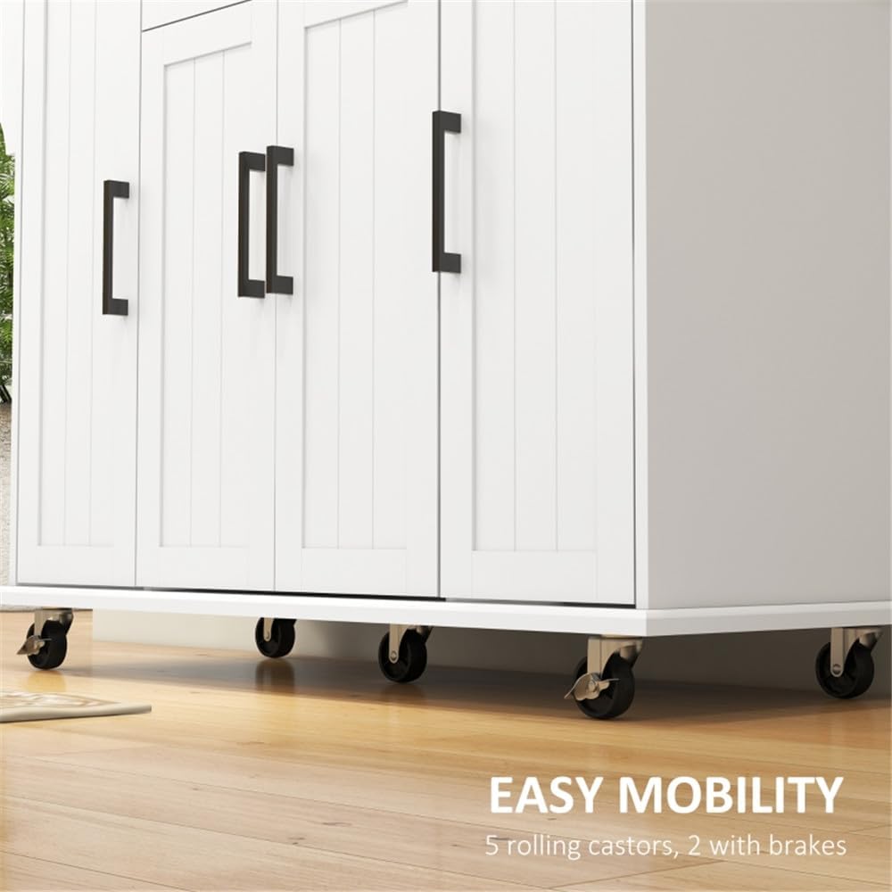 Rolling Kitchen Island on Wheels with Solid Wood Drop Leaf, White K9078