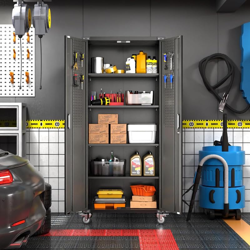 Aobabo 73''H Metal Garage Storage Cabinet with Wheels, Black S572804