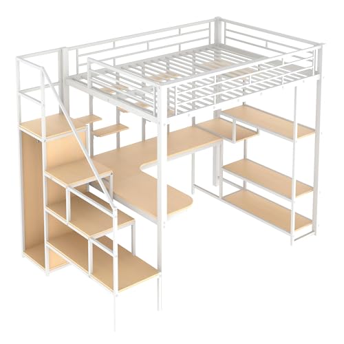 Full Size Loft Bed with Desk & Stairs, Heavy Duty Metal, Black E948