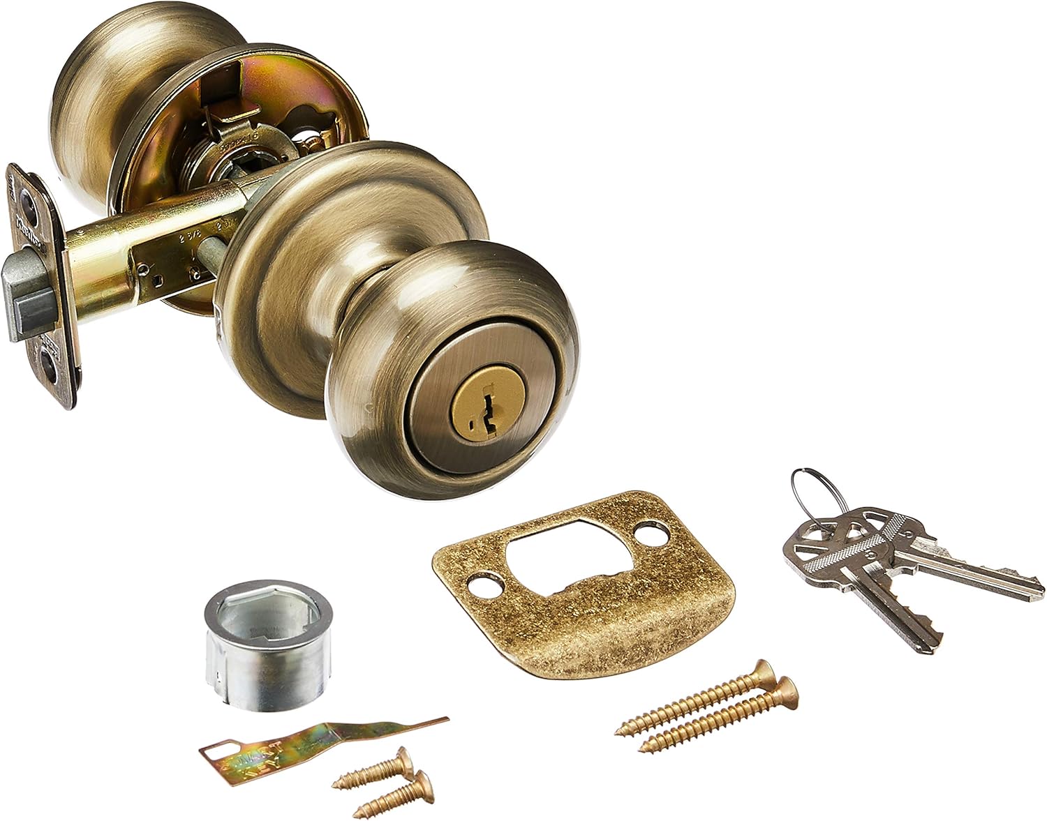 Kwikset Juno Entry Door Knob with Lock, Antique Brass, SmartKey P8471