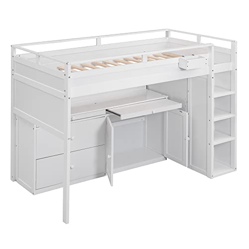 BIADNBZ Double Twin Loft Bed with Wardrobes and Storage Stair, Wooden Frame, White S4663