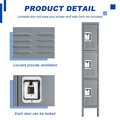 Bonusall Metal Locker 3-Tier Steel Storage Cabinet, 3 Doors Grey H746