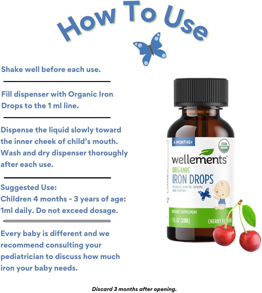 Wellements Organic Iron Drops for Babies, Cherry Flavor, 1 Fl Oz M699