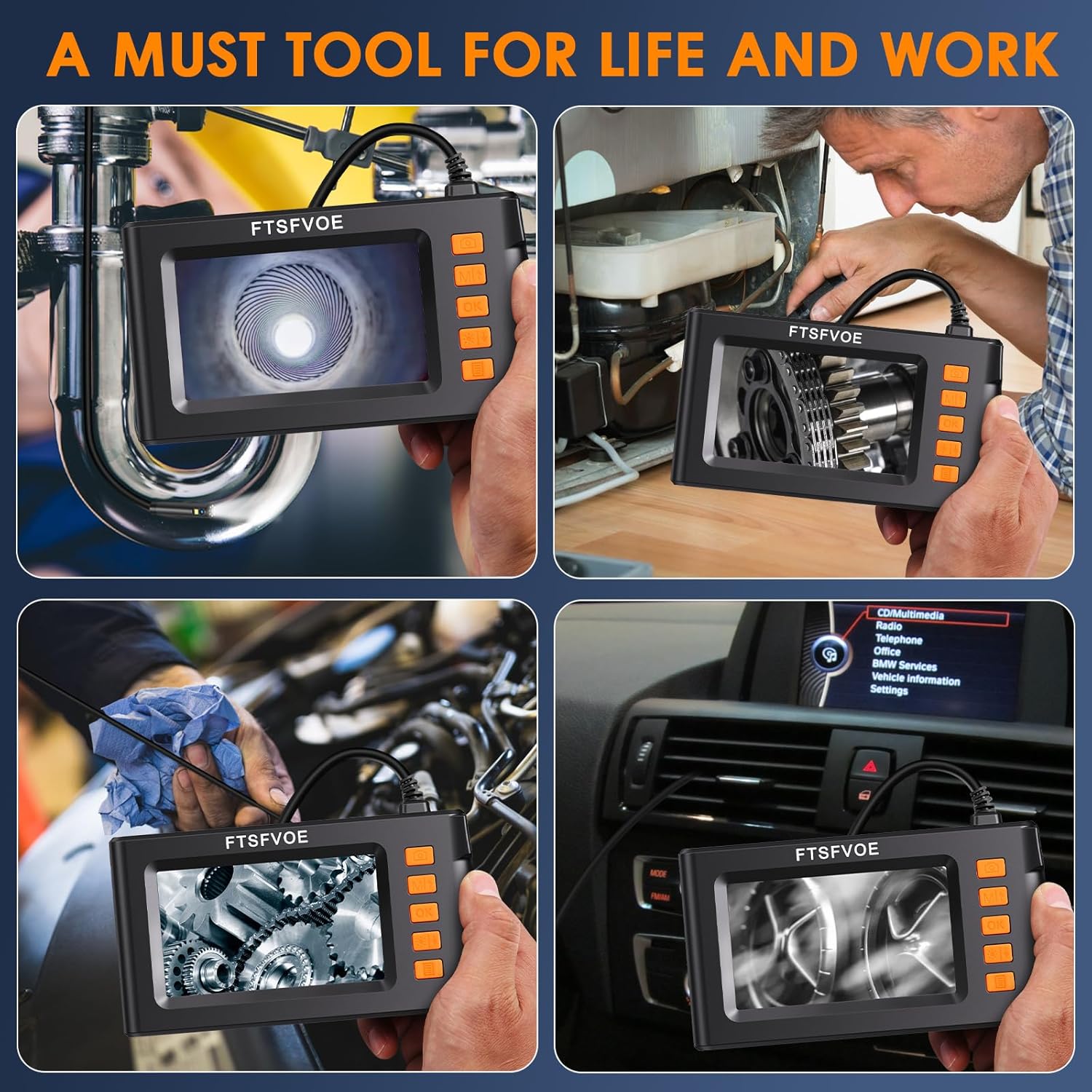 Dual Lens Industrial Endoscope 1080P Borescope Inspection Camera with 4.3" LCD Screen Q70981