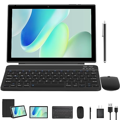 10.1-inch Android 12 tablet, 32GB ROM+2GB RAM, 2-in-1 tablet, keyboard, mouse, case, stylus, tempered film, 8-megapixel dual camera, quad-core processor, 6000mAh battery, 1280 by 800 FHD tag