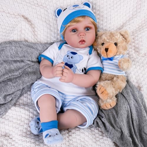 Aori Real Life Baby Dolls Lifelike Baby Doll 22 inch Realistic Newborn Boy Soft Weighted Body with Feeding Accessories Doll Set