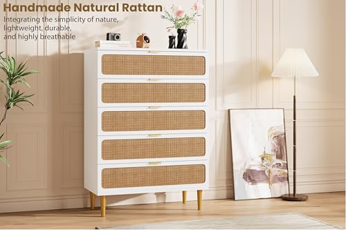 Rattan 5 Drawer Tall Dresser for Bedroom, Black V99880