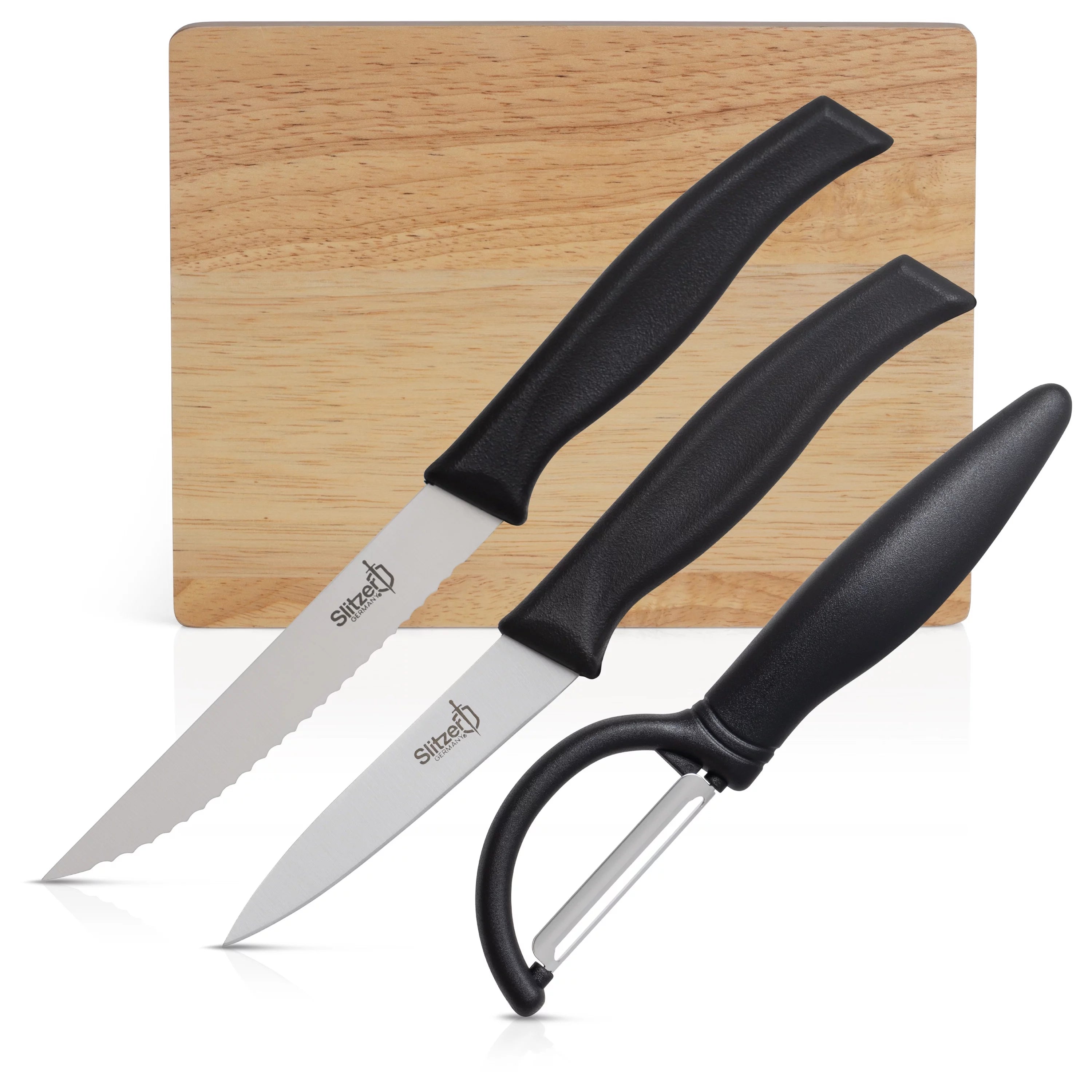 Slitzer Germany Cutting Board And Knife Set - German Stainless Steel 3.5 Inch Paring Knife,  4.5 Inch Utility Knife, Vegetable Peeler, 8x6 Inch Wooden Chopping Board - Food Prep Accessories & Kitchen