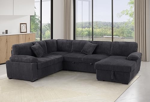 L-Shaped Pull Out Sleep Sofabed with Storage Chaise, Chenille Upholstered X30892