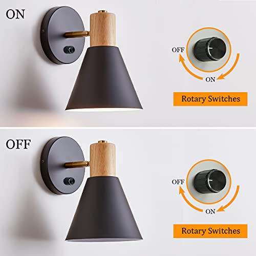 Plug in Wall Sconce, Dimmable Wood Style Reading Lamp, Black O467