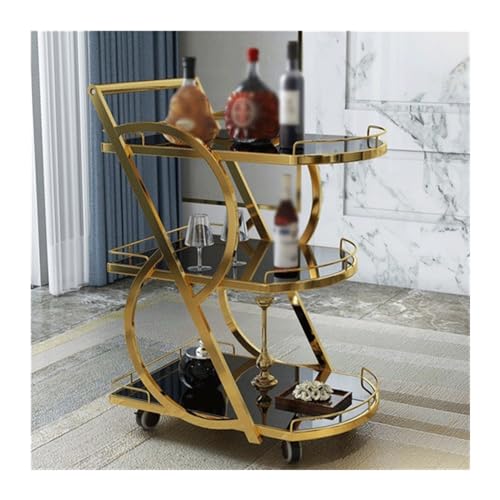 Kitchen Shelf Bar Cart 3 Tiers Removable Storage Tray Rolling Beverage Cart, Mobile Bar Serving Cart with Handle, Marble Glass and Metal Frame Home Kitchen Shelf for Party Storage Shelf(Gold)