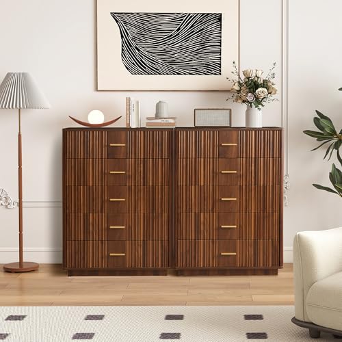 Fluted 5 Drawers Dresser for Bedroom, Wooden Tall Storage, Walnut L1075