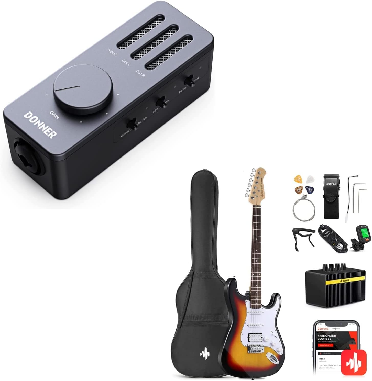 Donner DST-100S 39 Inch Full Size Electric Guitar Kit with Guitar Audio Interface